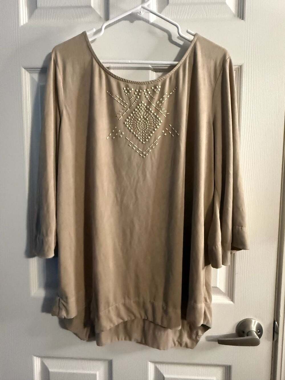 Beige Faux Suede Tunic Top with Studded Beaded Neckline and Criss-Cross Back